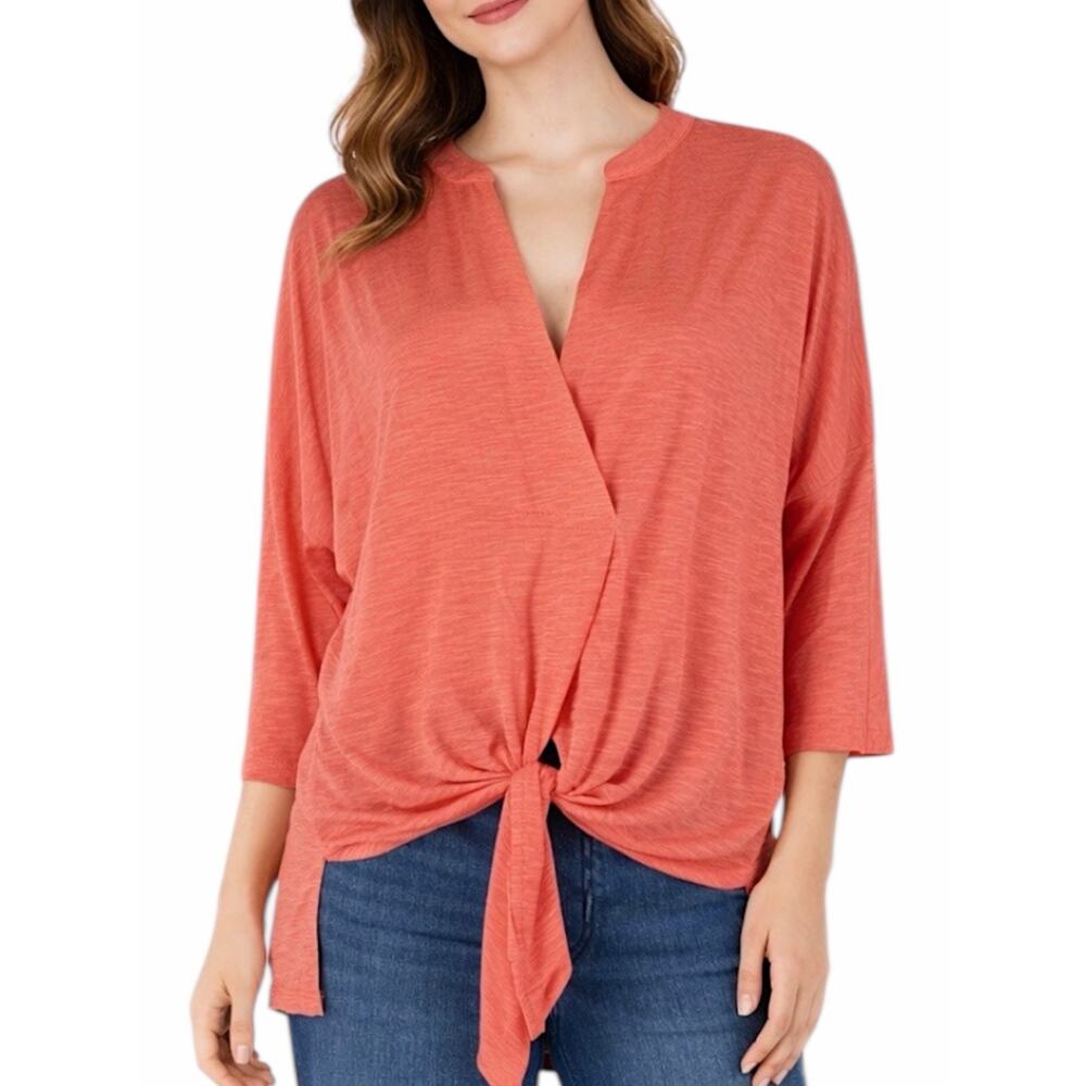 Sunday in Brooklyn 3/4 Sleeve Tie Front Hem Top Hi Lo Coral Orange Size XS